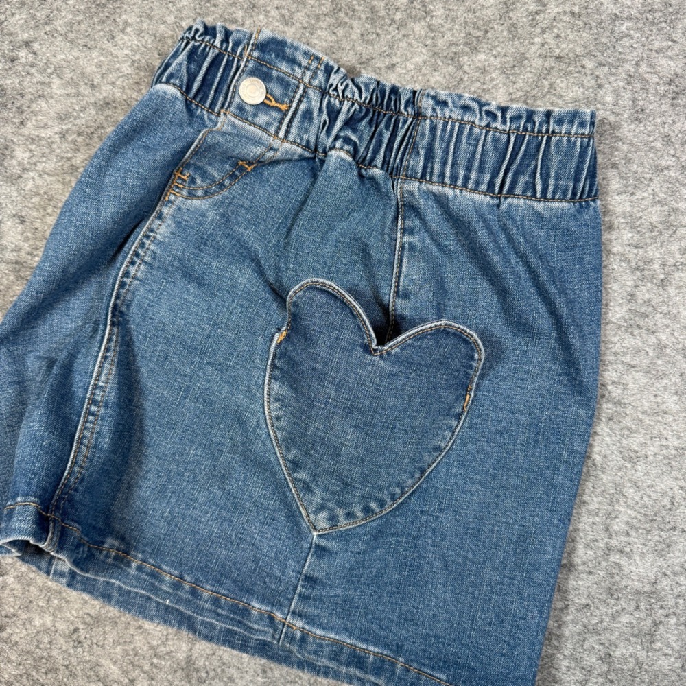 Lands End Girls Blue Denim Heart Pocket Skirt Size L 10-12 Elastic Waist Stretch